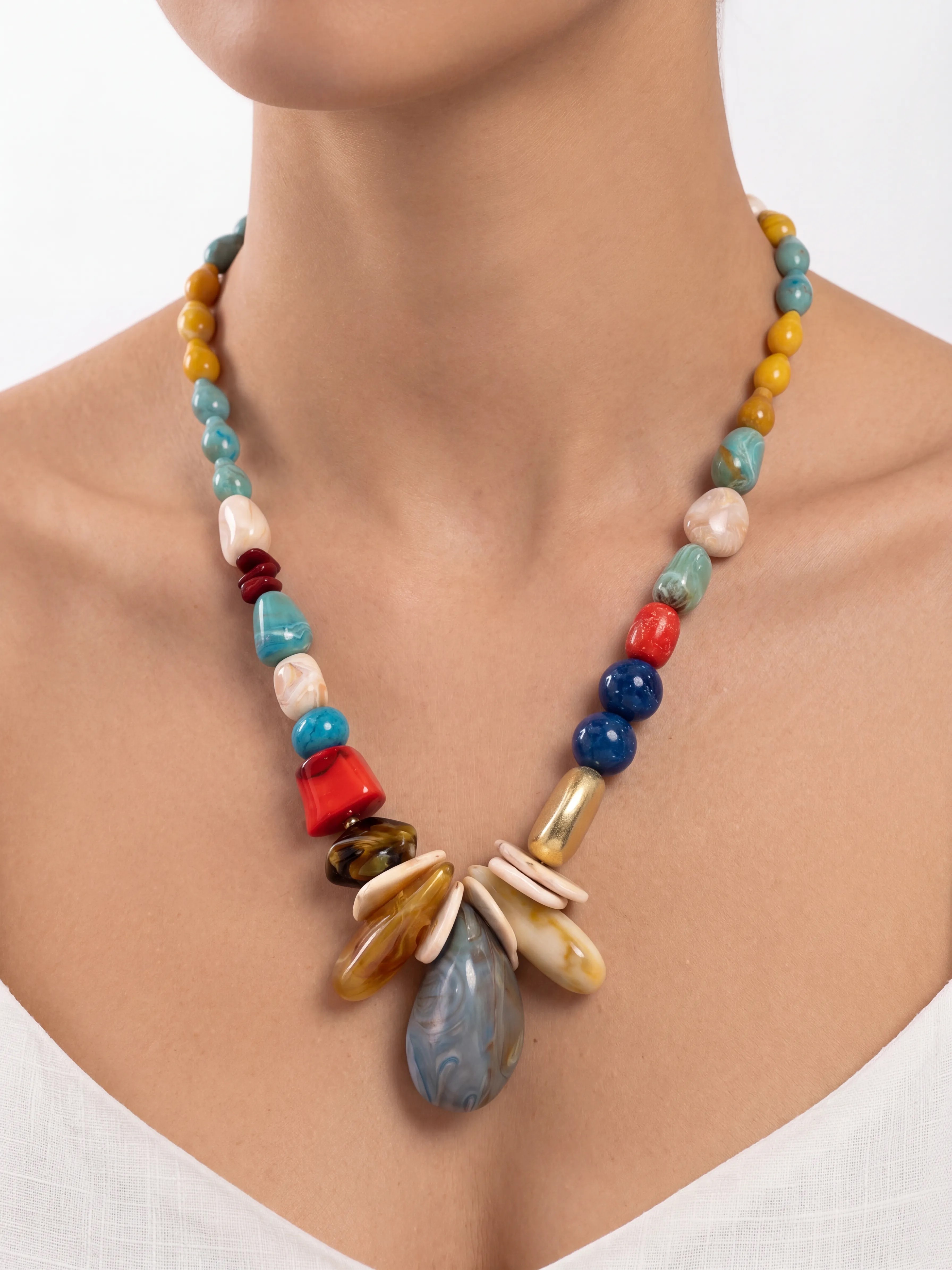 Karışık Kesim Doğal Taş Görünümlü Salkım Kolye