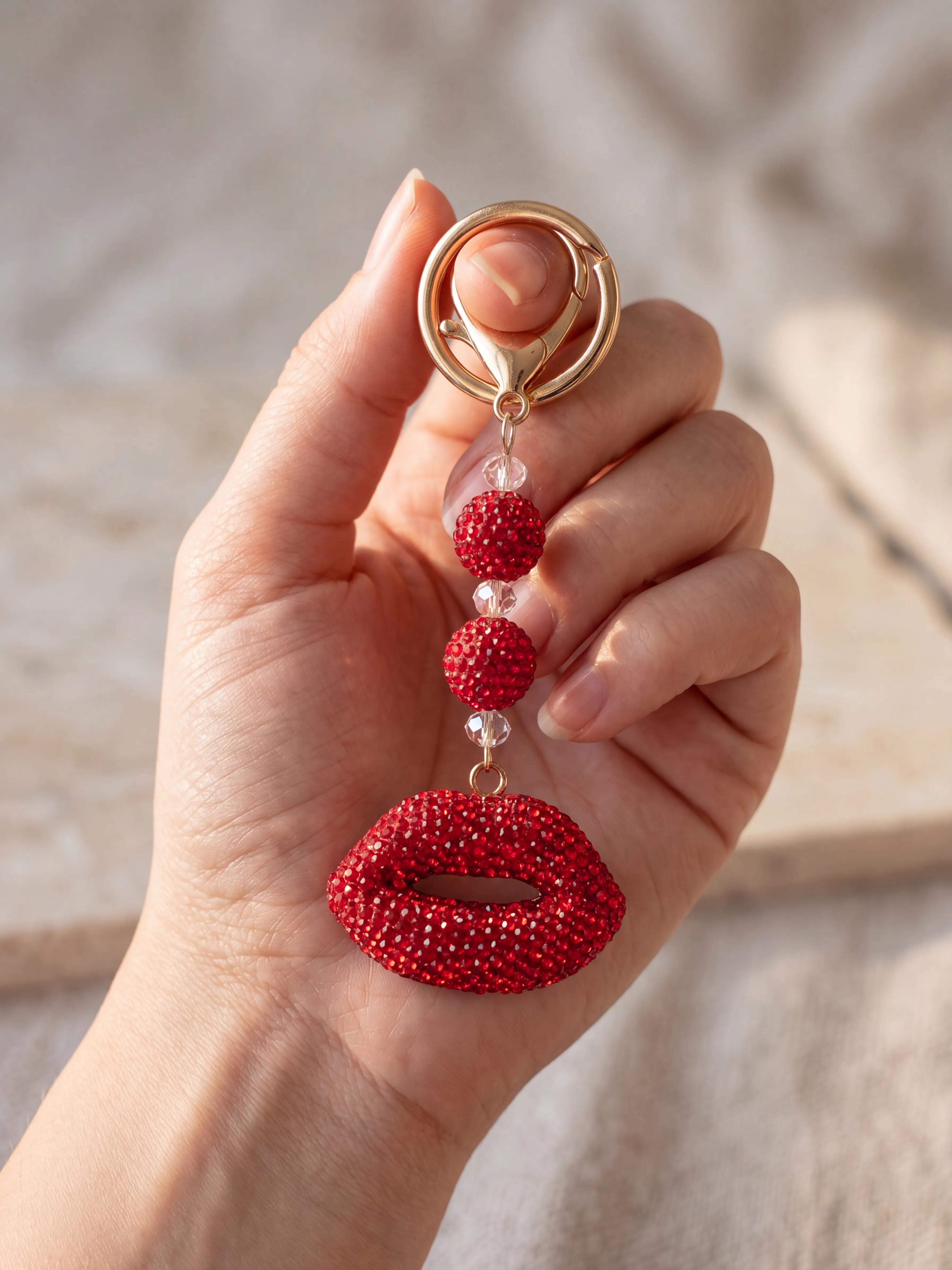 Glam Işıltılı Taşlı Dudak & Küre Boncuklu Anahtarlık Kirmizi Kirmizi