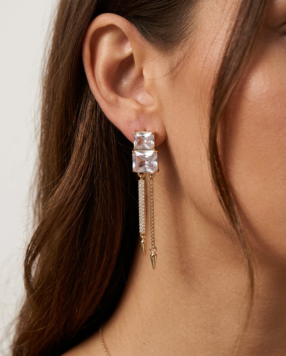 Modern Geometrik Baget & Zirkon Bar Sallantılı Küpe